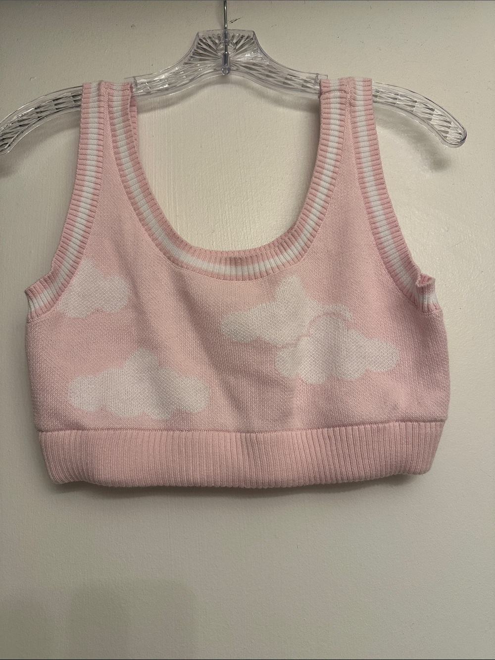 Megan Moroney Cloud-Print Knit Crop / Bralette Tank in Light Pink
